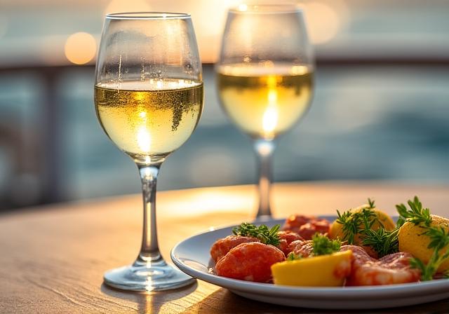 Degustazione di vino sul ponte di una nave al tramonto